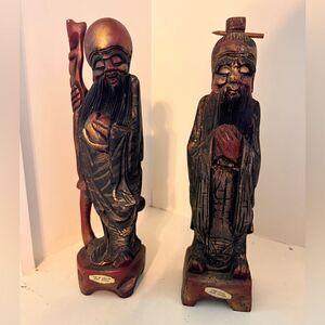 Vintage Pair of 2 Hard Carved Wood Figures Confucius and God of Longlife